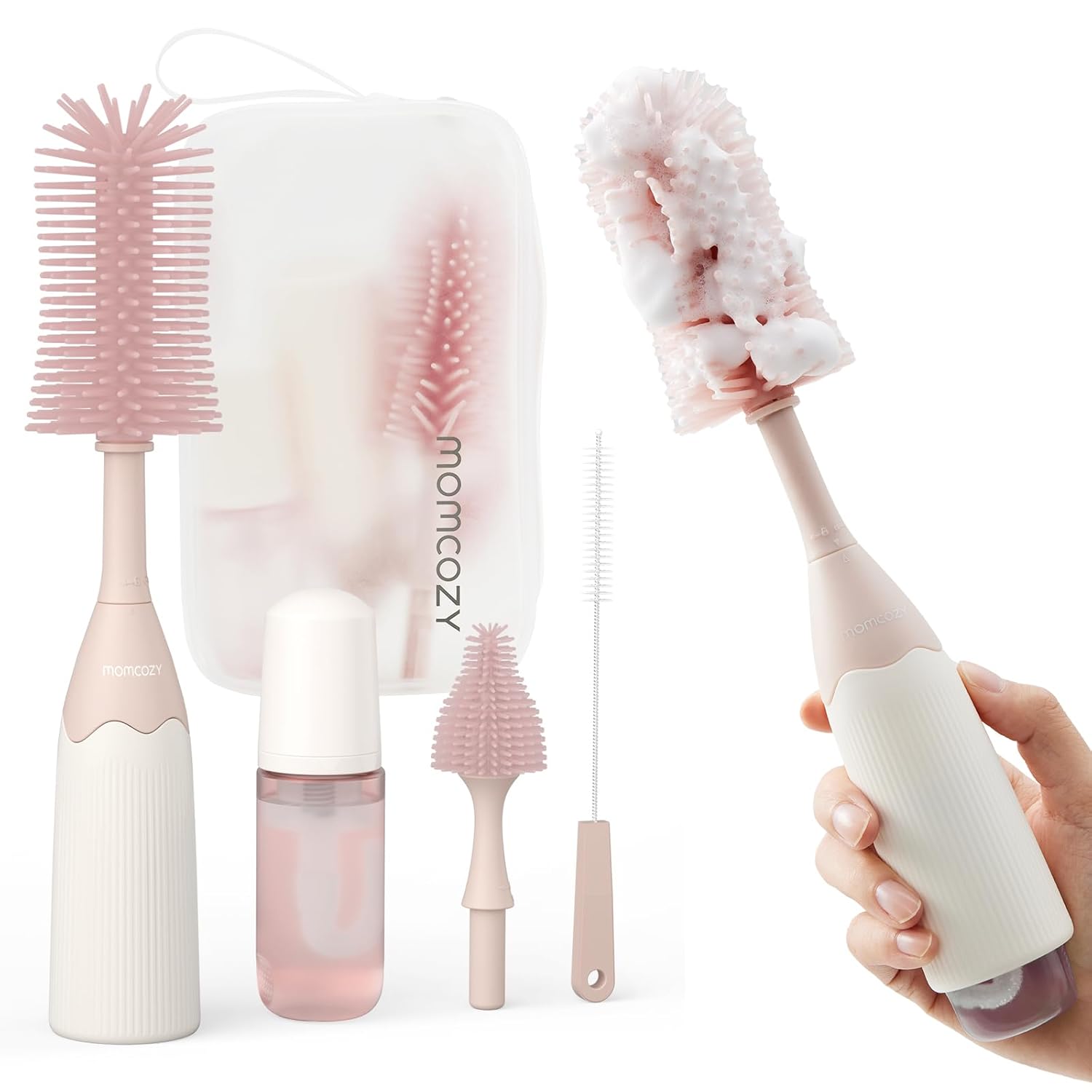 Kit de Cepillos para Biberones – Momcozy con Diseño de Presión y Espuma – Limpieza Profunda para Biberones, Extractores, Tetinas y Más (Rosa)