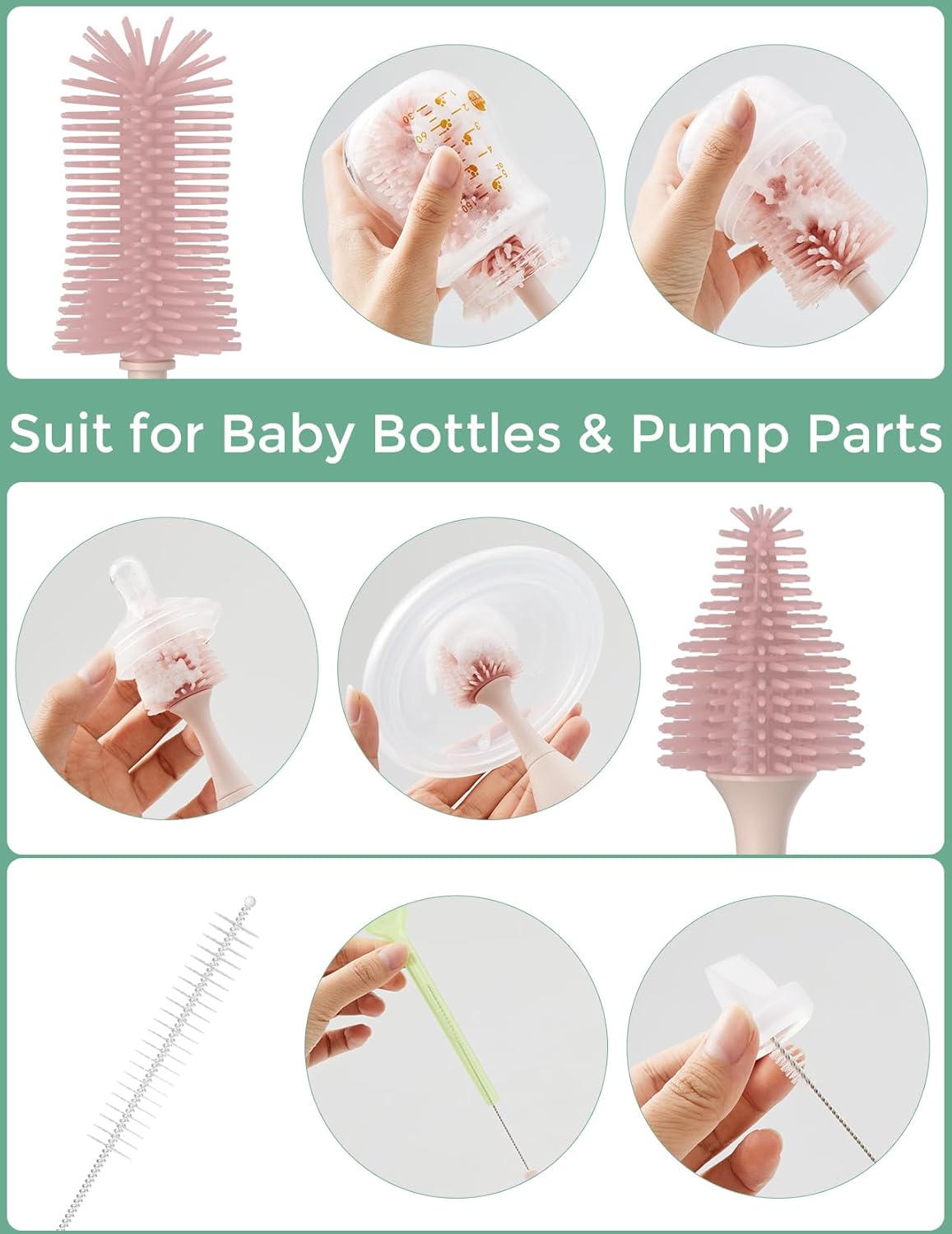 Kit de Cepillos para Biberones – Momcozy con Diseño de Presión y Espuma – Limpieza Profunda para Biberones, Extractores, Tetinas y Más (Rosa)